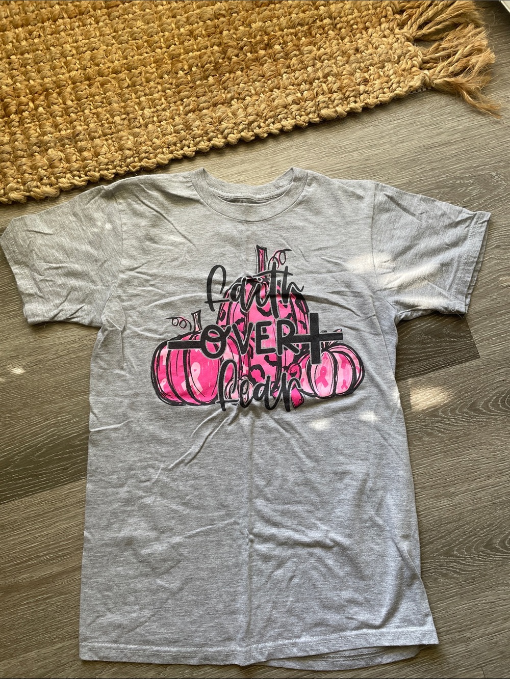 Juniors' Gray Tee with Pink Pumpkin Faith Breast Cancer Graphic Tee